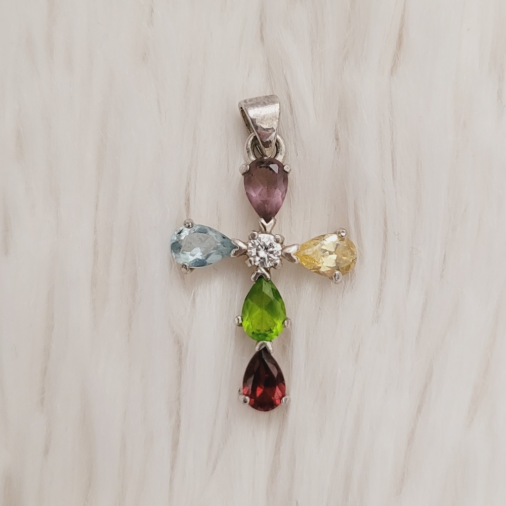 Sterling Silver Multi Stone Diamond Cross Pendant